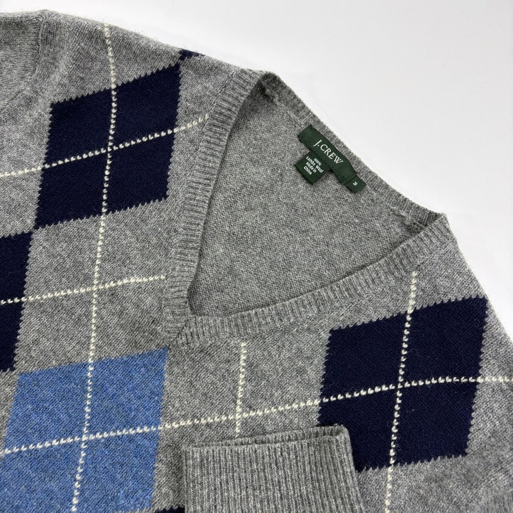 J.Crew Argyle V-Neck Sweater Mens Medium Grey Lambswool Preppy Classic - Picture 1 of 8